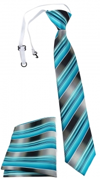 TigerTie Sicherheits Krawatte + Einstecktuch in türkis silber grau gestreift