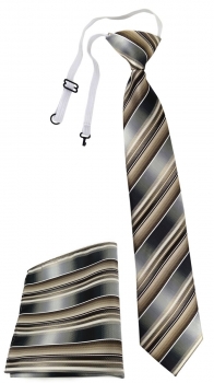 TigerTie Sicherheits Krawatte + Einstecktuch braun beige silber grau gestreift