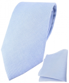 TigerTie Krawatte Pique + Einstecktuch aus Baumwolle in hellblau-weiss gemustert