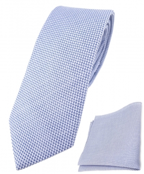 schmale TigerTie Krawatte Pique + Einstecktuch Baumwolle blau-weiss gemustert