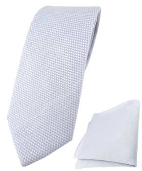 schmale TigerTie Krawatte Pique + Einstecktuch Baumwolle hellgrau-weiß gemustert