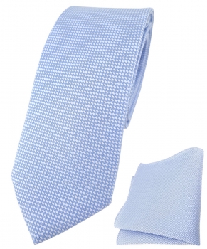 schmale TigerTie Krawatte Pique + Einstecktuch aus Baumwolle in hellblau-weiss
