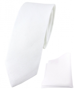 schmale TigerTie Krawatte Pique + Einstecktuch aus Baumwolle weiss gemustert