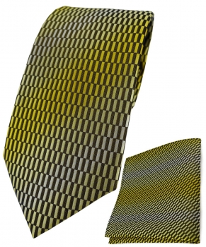 TigerTie Designer Krawatte + Einstecktuch in gelb gold schwarz silber gemustert