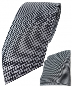 TigerTie Krawatte + Einstecktuch in silber grau schwarz Houndstooth gemustert