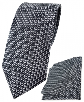 TigerTie Designer Krawatte + Einstecktuch in silber schwarz grau gemustert