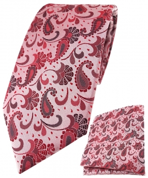 TigerTie Krawatte + Einstecktuch in rot weinrot rosa anthrazit Paisley gemustert