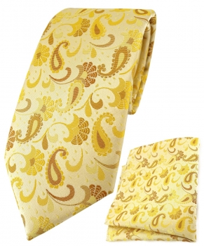TigerTie Krawatte + Einstecktuch in gelb senfgelb gold Paisley gemustert