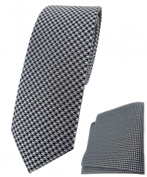 schmale TigerTie Krawatte + Einstecktuch in silber schwarz Houndstooth gemustert