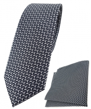 schmale TigerTie Krawatte + Einstecktuch in silber schwarz grau gemustert