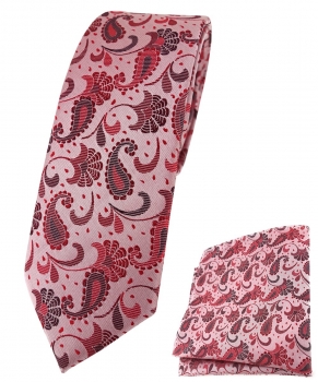 schmale TigerTie Krawatte + Einstecktuch in rot rosa anthrazit Paisley gemustert