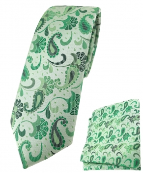 schmale TigerTie Krawatte + Einstecktuch in grün anthrazit Paisley gemustert