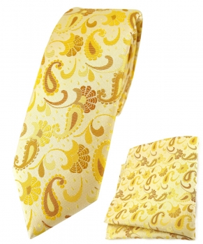 schmale TigerTie Krawatte + Einstecktuch in gelb senfgelb gold Paisley gemustert