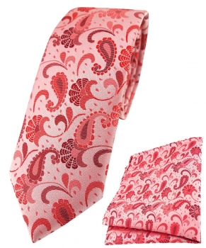 schmale TigerTie Krawatte + Einstecktuch in rose weinrot silberrosa Paisley