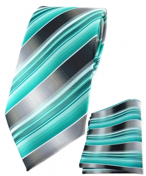 TigerTie Krawatte + Einstecktuch in mint grün silber anthrazit grau gestreift