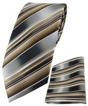 TigerTie Krawatte + Einstecktuch in braun beige silber anthrazit grau gestreift