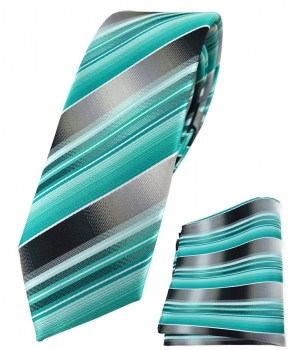 schmale TigerTie Krawatte + Einstecktuch in mint grün silber anthrazit gestreift