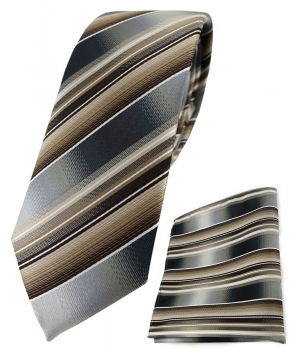 schmale TigerTie Krawatte + Einstecktuch braun silber anthrazit grau gestreift