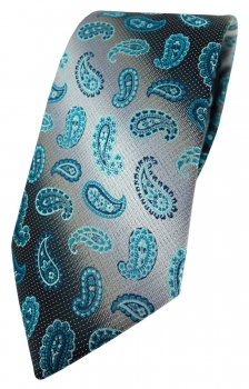 TigerTie Designer Krawatte in türkis anthrazit grausilber Paisley gemustert