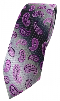 schmale TigerTie Designer Krawatte in magenta rosa grausilber Paisley gemustert