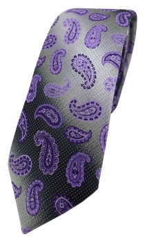 schmale TigerTie Designer Krawatte lila dunkellila grausilber Paisley gemustert