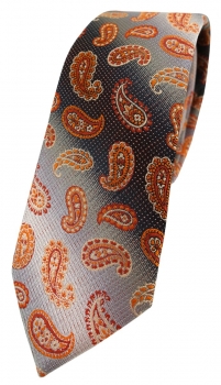 schmale TigerTie Designer Krawatte orange anthrazit grausilber Paisley gemustert