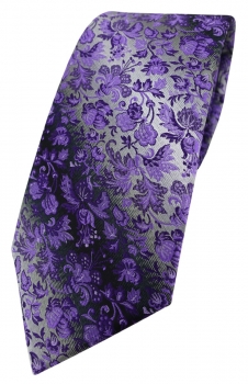 TigerTie Designer Krawatte in lila anthrazit grausilber geblümt gemustert
