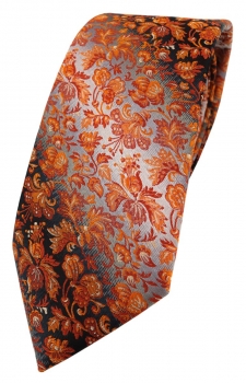 TigerTie Designer Krawatte in orange anthrazit grausilber geblümt gemustert
