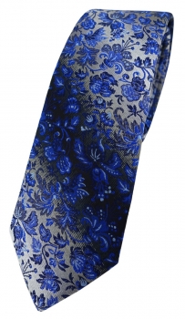 schmale TigerTie Designer Krawatte in marine royal blau silber geblümt gemustert