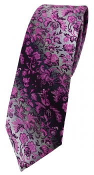 schmale TigerTie Designer Krawatte in magenta rosa grausilber geblümt gemustert