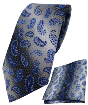 TigerTie Krawatte + Einstecktuch in marine royal blau silber Paisley gemustert