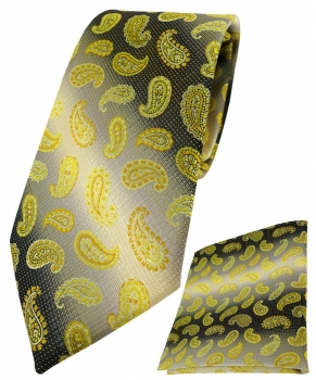 TigerTie Krawatte + Einstecktuch in gelb grausilber Paisley gemustert