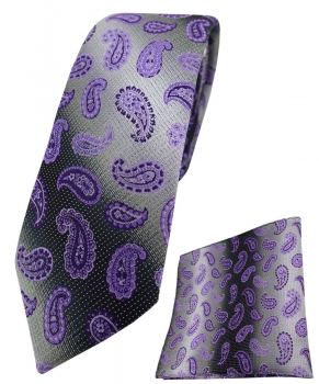 schmale TigerTie Krawatte + Einstecktuch in lila grausilber Paisley gemustert