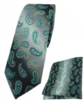 schmale TigerTie Krawatte + Einstecktuch in grün grausilber Paisley gemustert