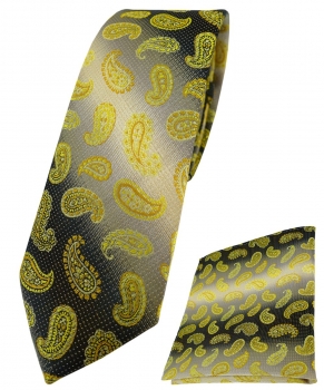 schmale TigerTie Krawatte + Einstecktuch in gelb grausilber Paisley gemustert