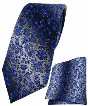 TigerTie Krawatte + Einstecktuch in marine royal blau silber geblümt gemustert
