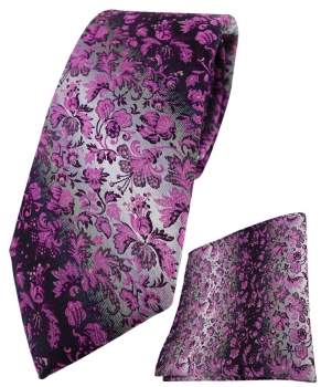 TigerTie Krawatte + Einstecktuch in magenta rosa grausilber geblümt gemustert
