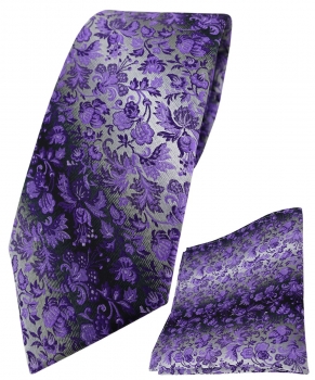 TigerTie Krawatte + Einstecktuch in lila dunkellila grausilber geblümt gemustert