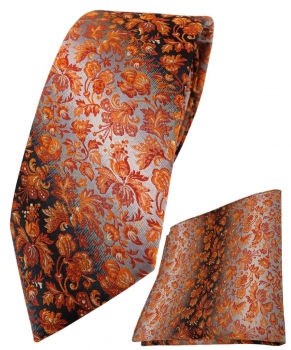 TigerTie Krawatte + Einstecktuch orange anthrazit grausilber geblümt gemustert