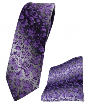 schmale TigerTie Krawatte + Einstecktuch lila grausilber geblümt gemustert