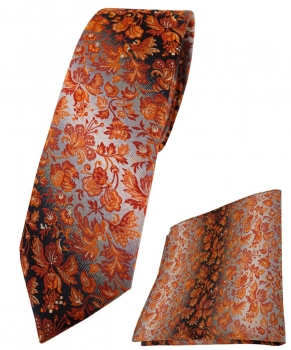 schmale TigerTie Krawatte + Einstecktuch orange grausilber geblümt gemustert