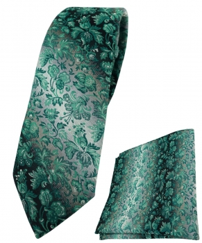 schmale TigerTie Krawatte + Einstecktuch in grün grausilber geblümt gemustert