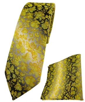 schmale TigerTie Krawatte + Einstecktuch in gelb grausilber geblümt gemustert