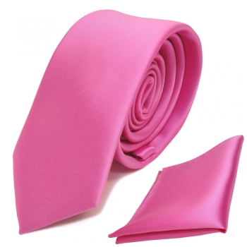 schmale TigerTie Schlips Krawatte + Einstecktuch in rosa pink uni Binder Tie
