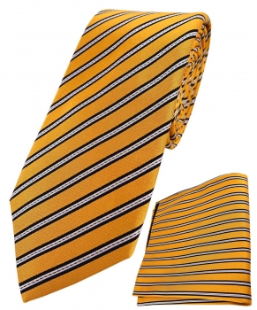TigerTie - hochwertig konfektionierte Seidenkrawatte + Seideneinstecktuch in gold gelb schwarz silber gestreift