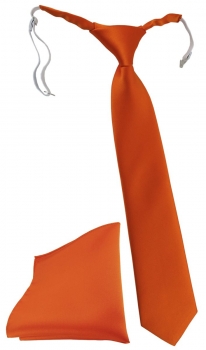 TigerTie Kinderkrawatte + Einstecktuch in orange Uni, vorgebunden mit Gummizug