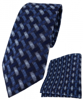 TigerTie Krawatte + Einstecktuch blau marine dunkelblau - Motiv Flechtmuster
