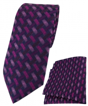 TigerTie Krawatte + Einstecktuch bordeauxviolett schwarz - Motiv Flechtmuster