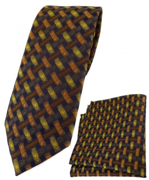 TigerTie Krawatte + Einstecktuch orange gelb braun schwarz - Motiv Flechtmuster
