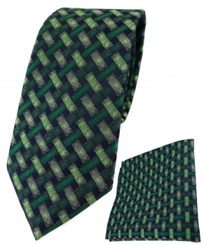 TigerTie Krawatte + Einstecktuch grün tannengrün schwarz - Motiv Flechtmuster